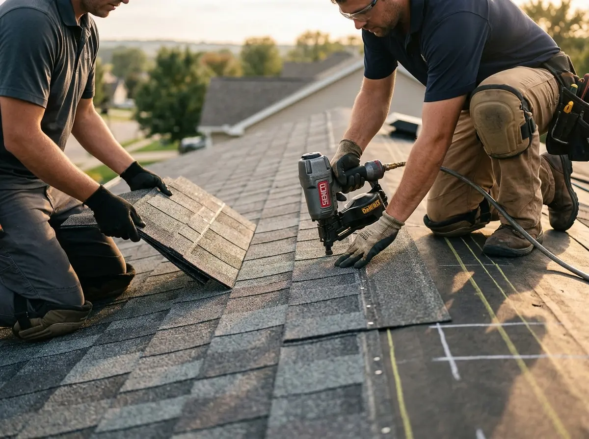 Professional roofer working on a residential roof in Baldwin City